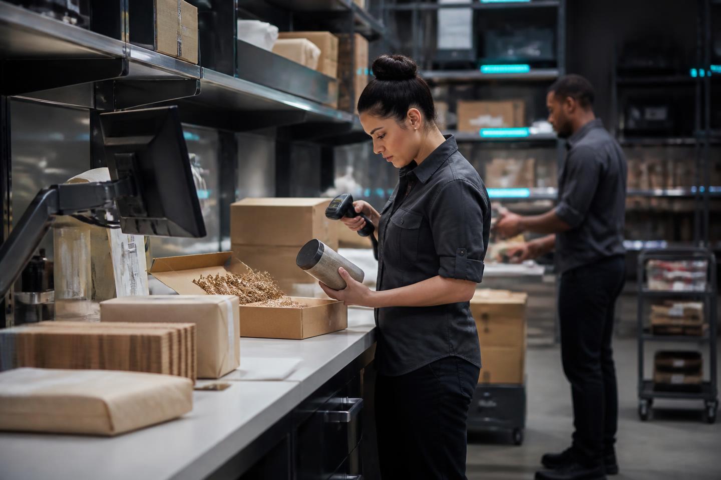 Fulfillment specialist scanning a product at a modern packing station