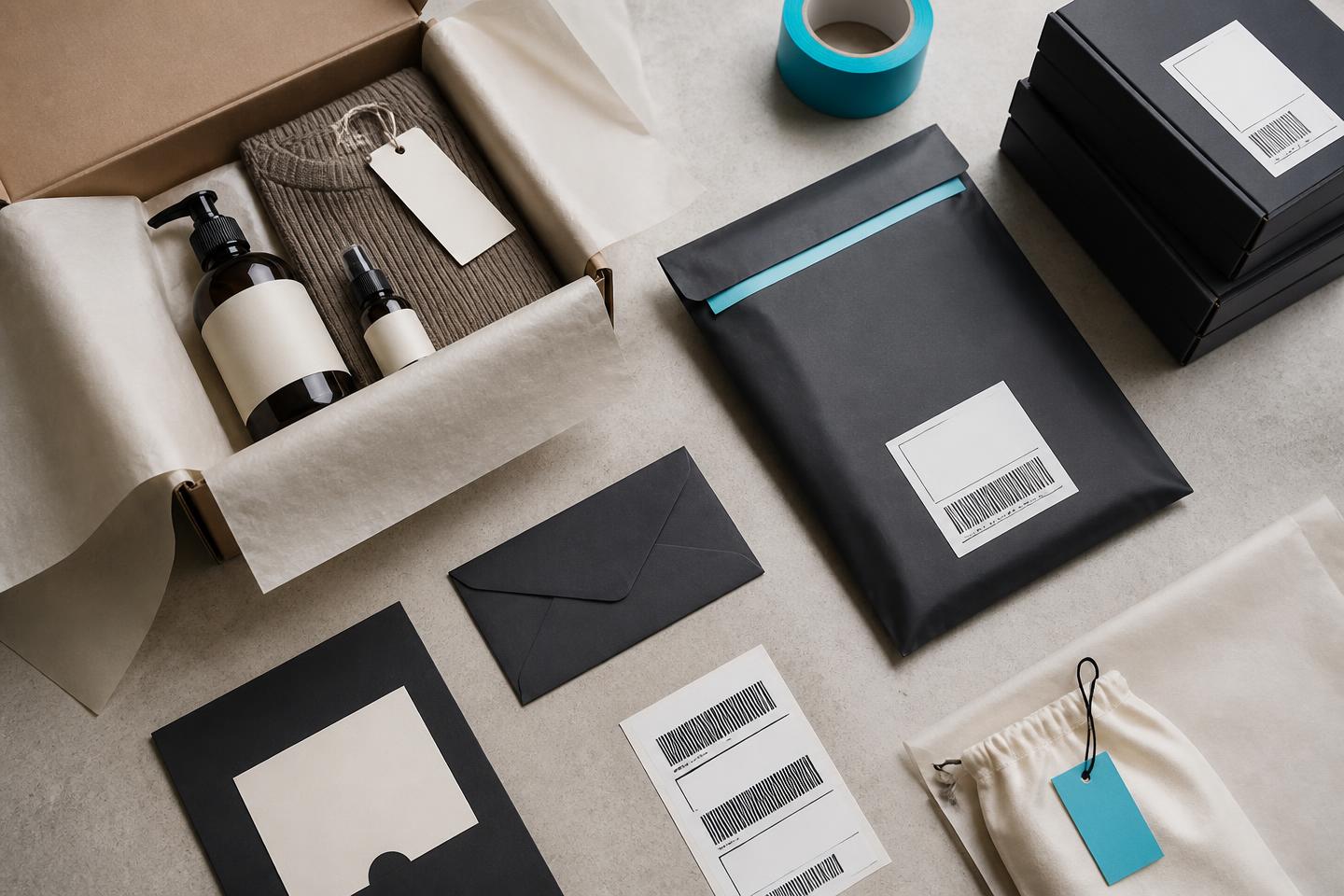 Fictional subscription box, custom packaging, products, inserts, and labels arranged for kitting